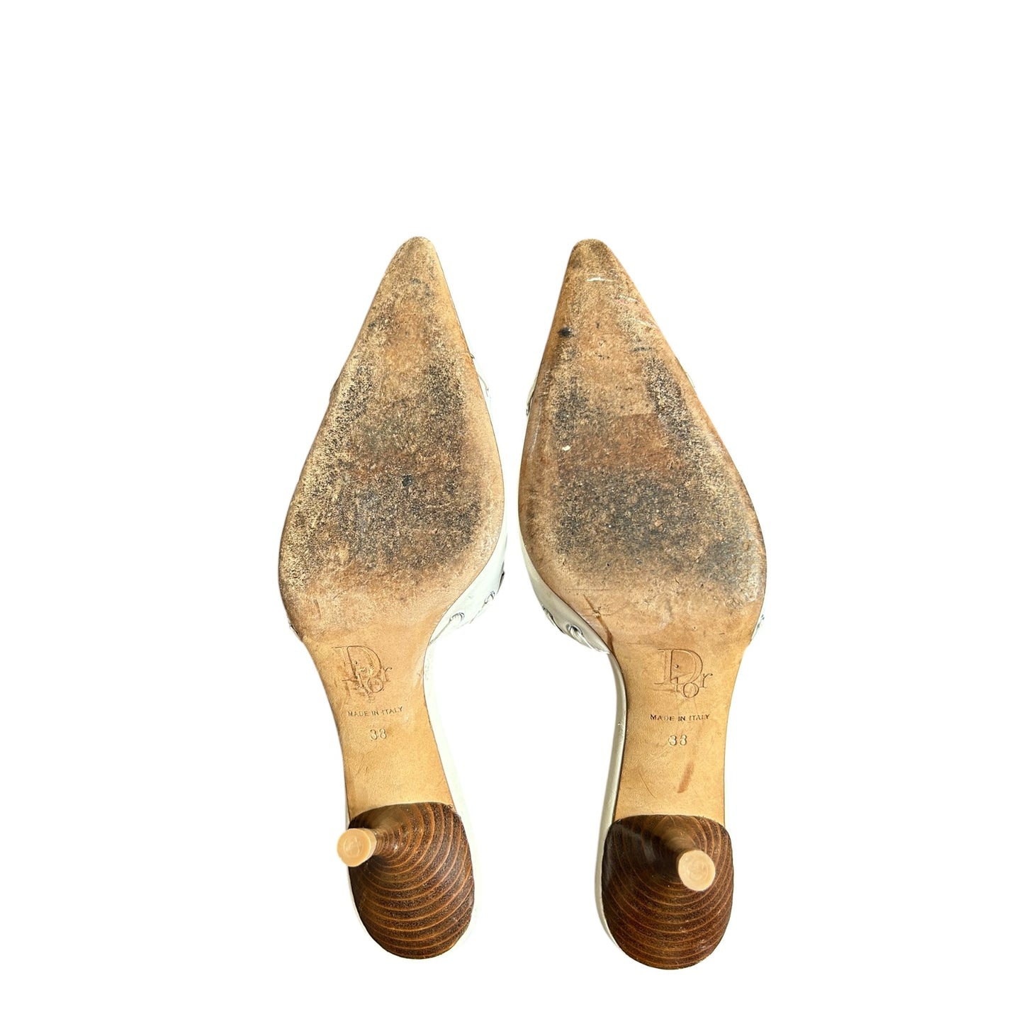 Vintage Dior 2003 Whipstitch Trim Mules "Bondage" collection designed by John Galliano white leather mule heels / 38