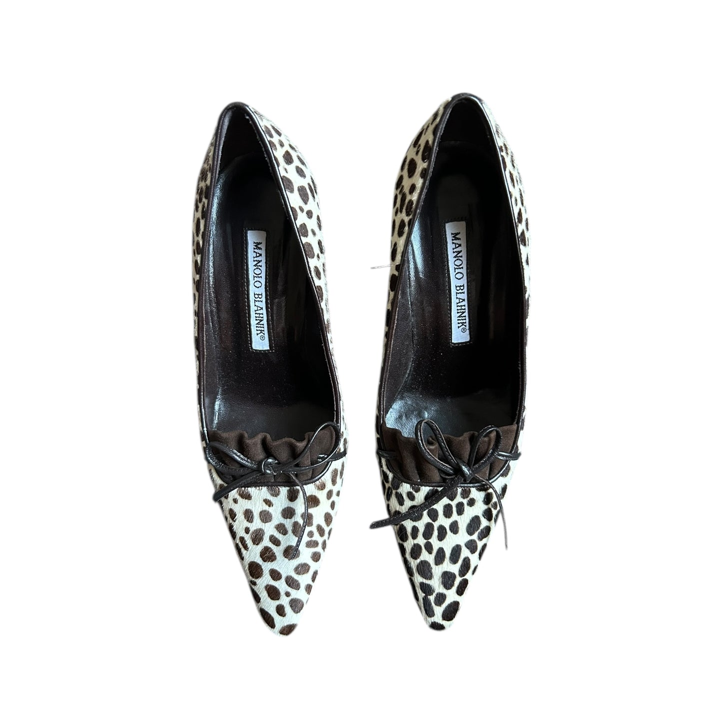 Vintage Manolo Blahnik pony hair animal print bow tie heels / 34.5
