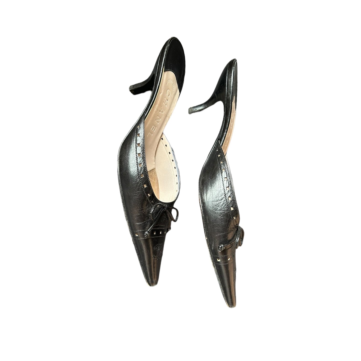 Vintage Chanel CC interlocking logo black leather mules heel by Karl Lagerfeld/ 36.5
