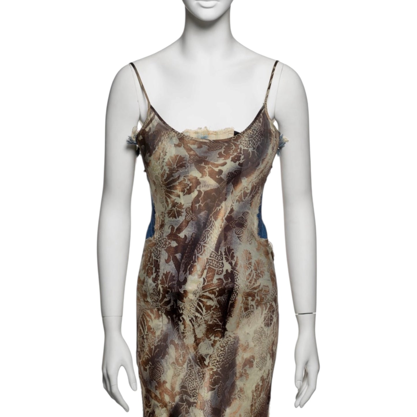 Roberto Cavalli Runway SS2001 Floral Silk Dress with Built-In Bleached Denim Corset