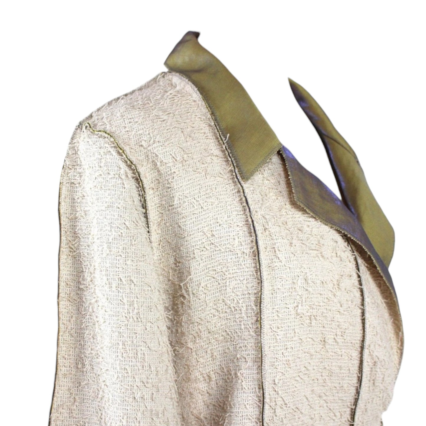 Vintage Chanel 1999 fringed beige gold skirt suit and blazer set with olive satin lining
