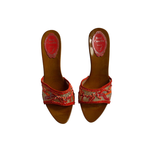 Vintage Rene Caovilla mesh red beaded mule heels / 36