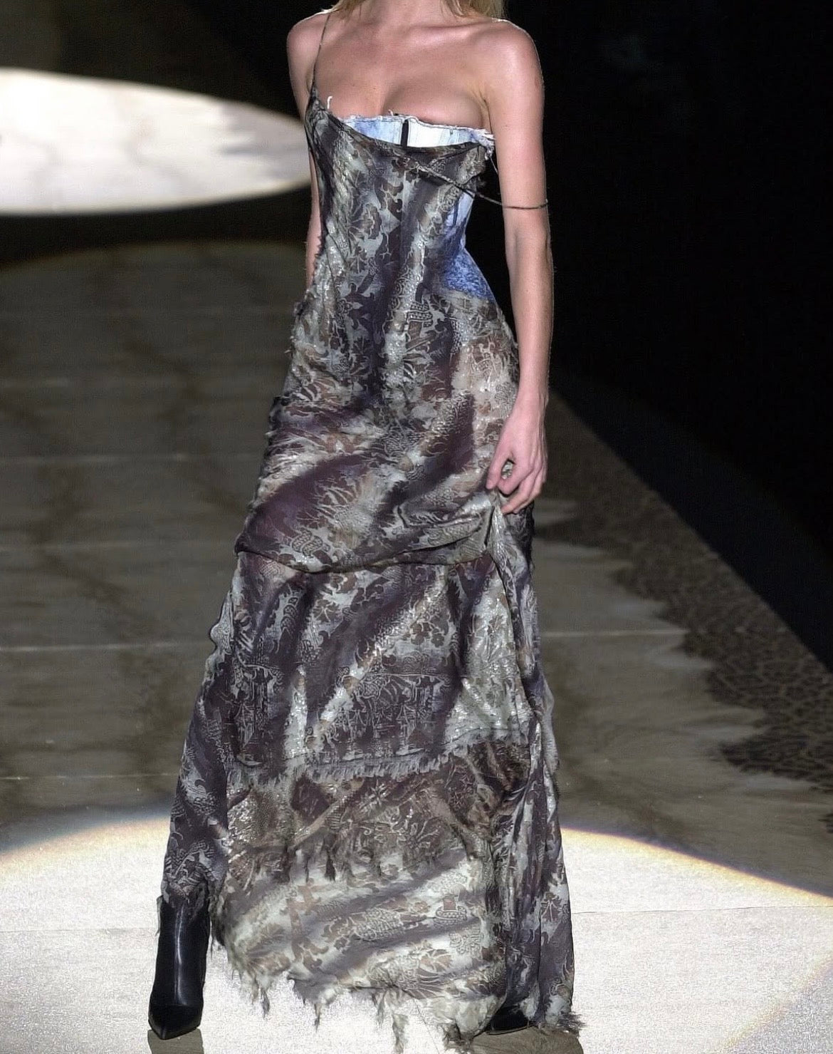 Roberto Cavalli Runway SS2001 Floral Silk Dress with Built-In Bleached Denim Corset