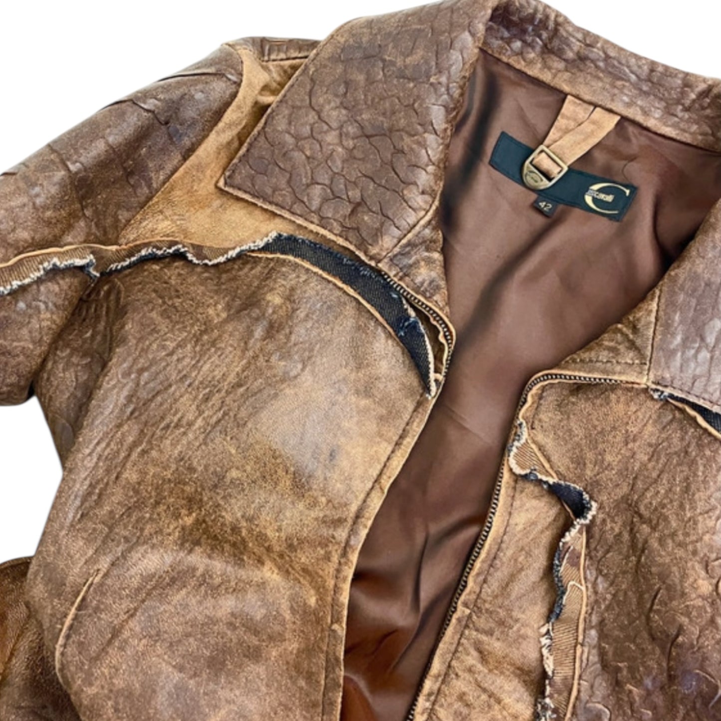 Vintage Cavalli AW05 brown leather asymmetrical distressed coat