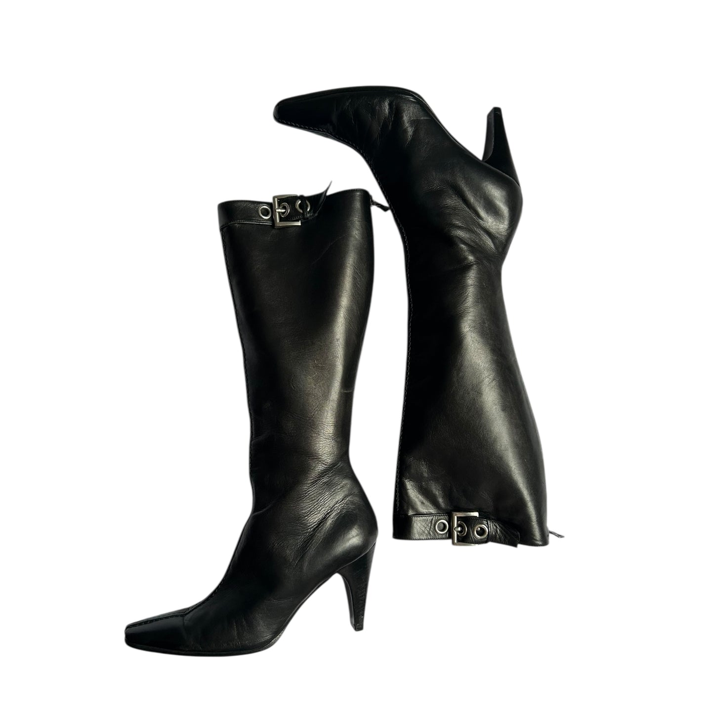 Vintage Prada buckle black leather knee high boots / 36.5