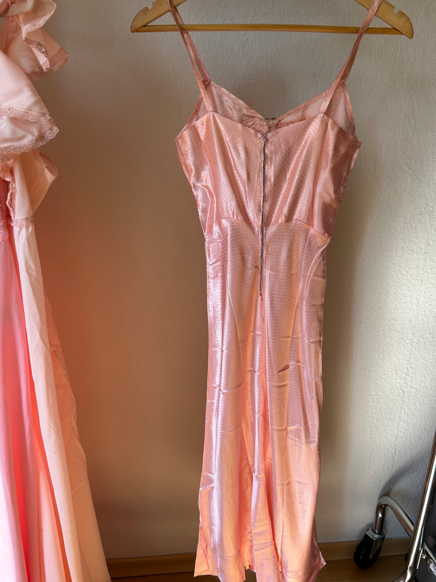 Vintage pink polka dot satin maxi slip dress with floral embroidery/ Xs