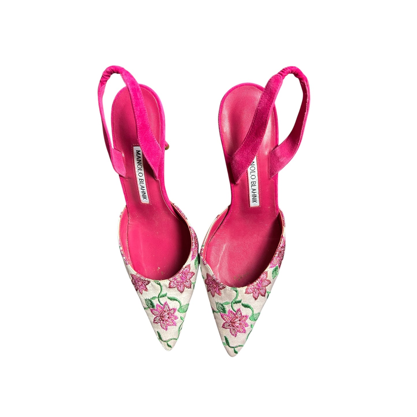 Vintage Manolo Blahnik floral pink suede slingback heels / 36