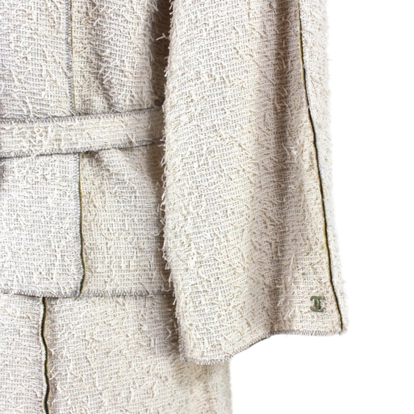 Vintage Chanel 1999 fringed beige gold skirt suit and blazer set with olive satin lining