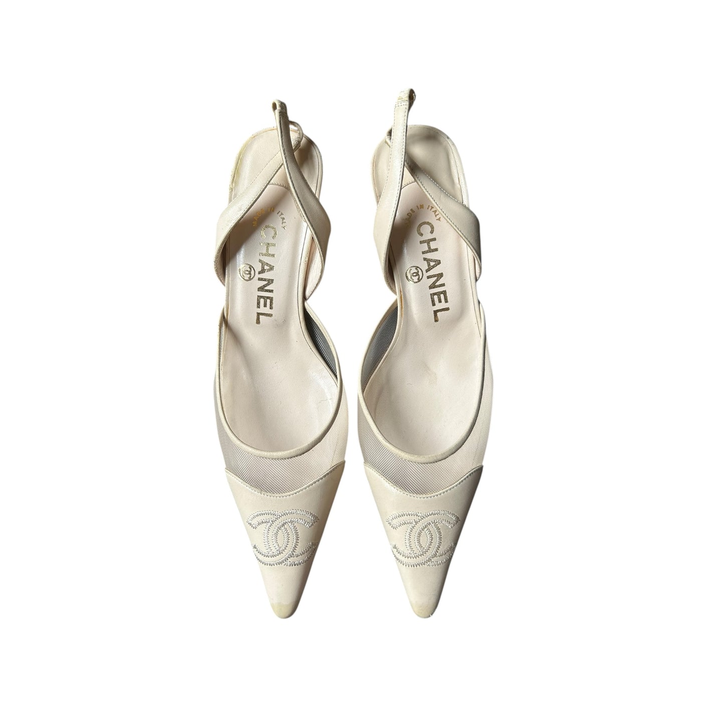 Vintage Chanel CC interlocking logo mesh ivory slingback heels by Karl Lagerfeld/ 36.5