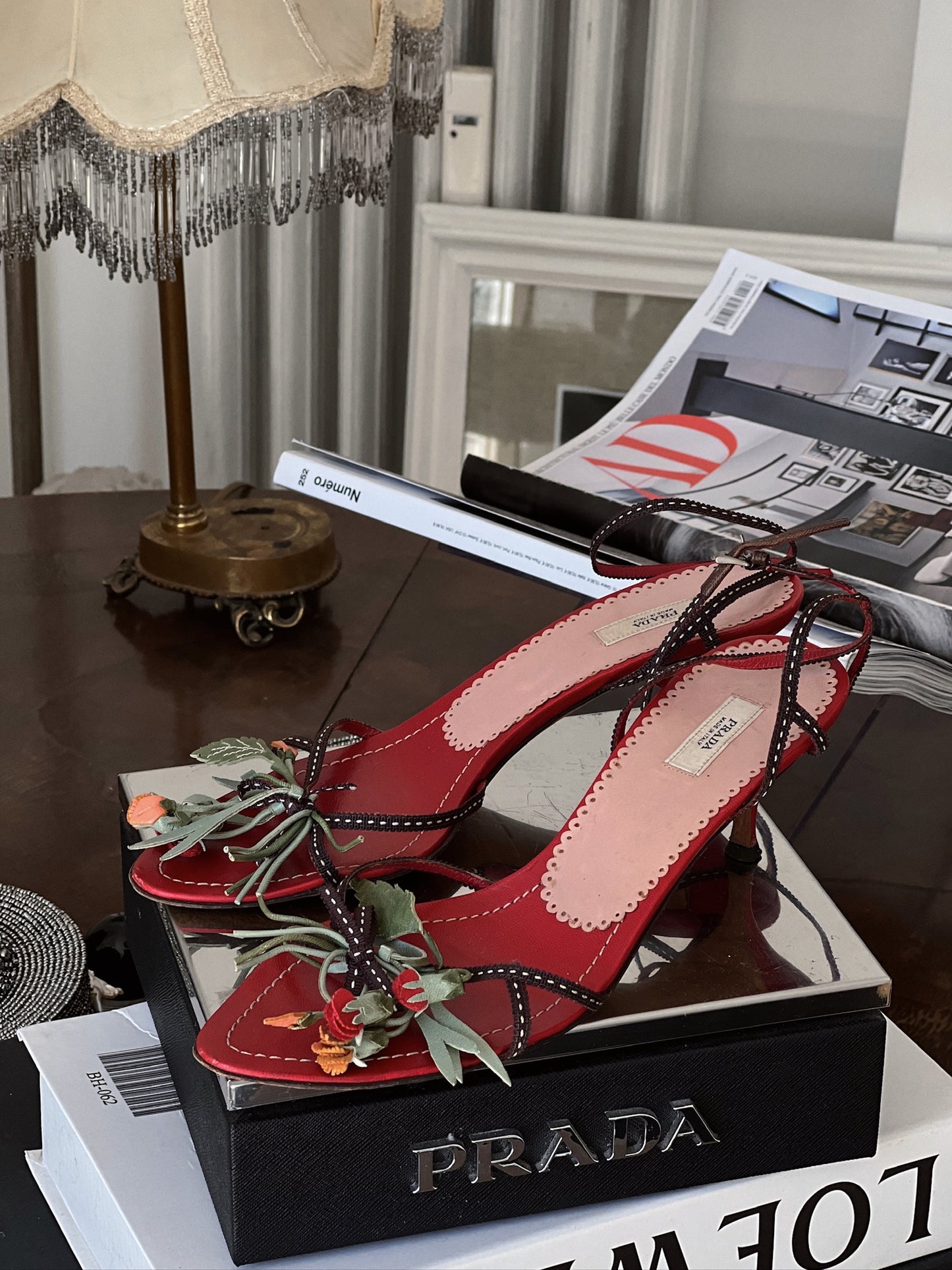 Vintage Prada floral appliqué red sandal heels / 37