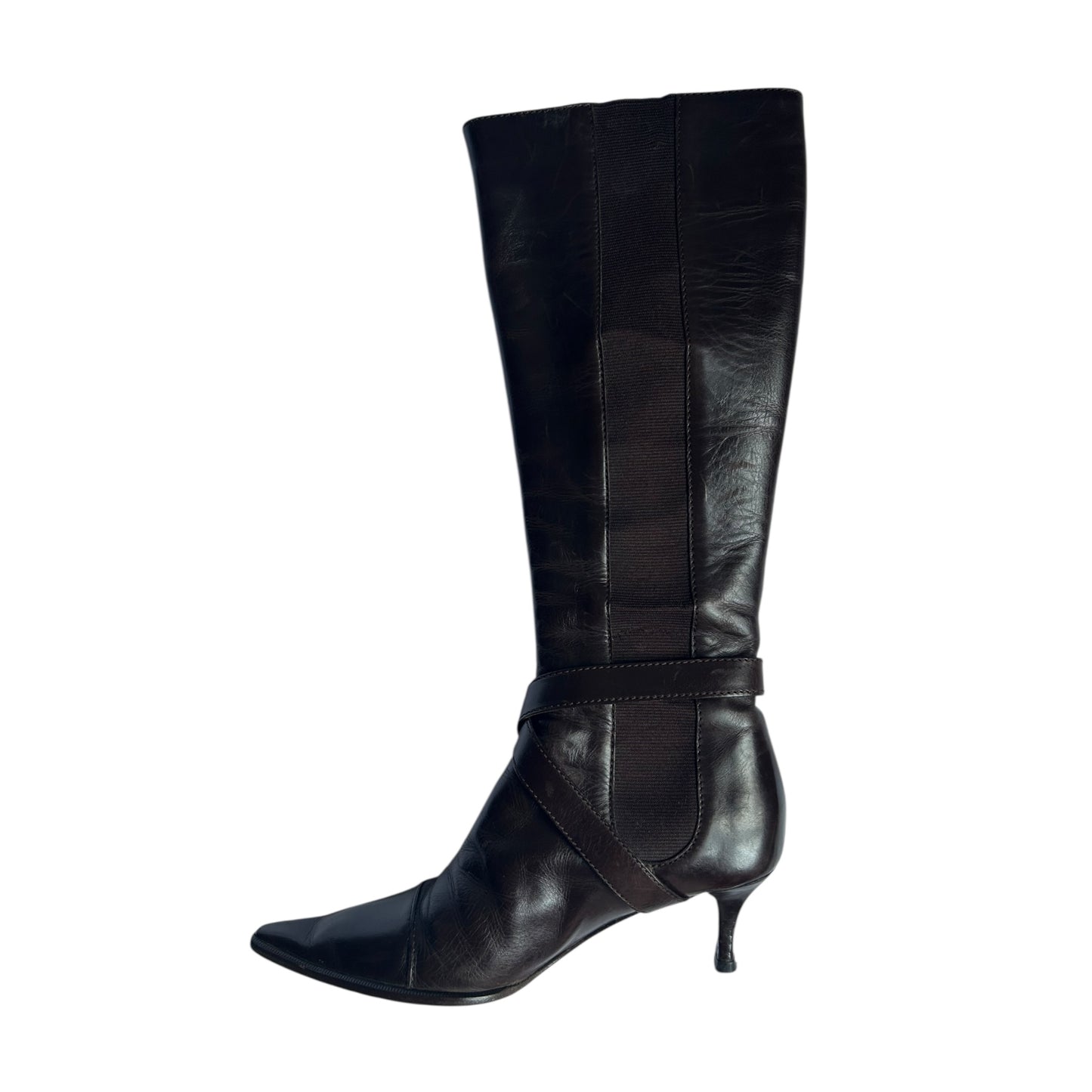 Vintage rare Chanel CC interlocking logo knee high brown leather pointy toe boots / 36.5