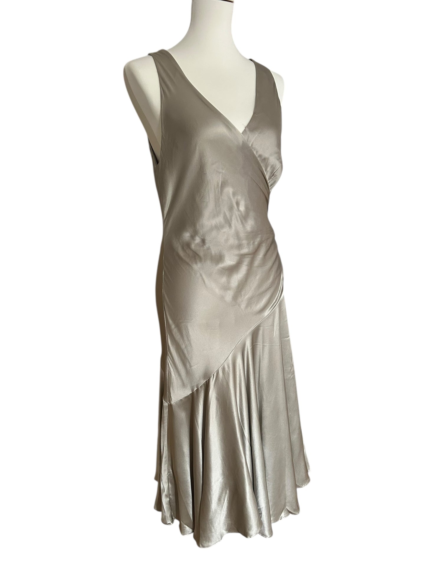 Vintage Ralph Lauren 2010 asymmetrical 100% silk midi metallic dress