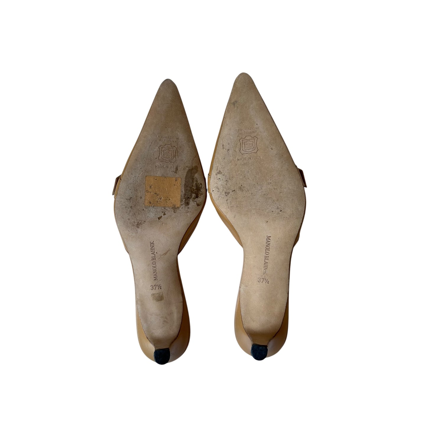 Vintage Manolo Blahnik tan buckle mule heels / 37.5
