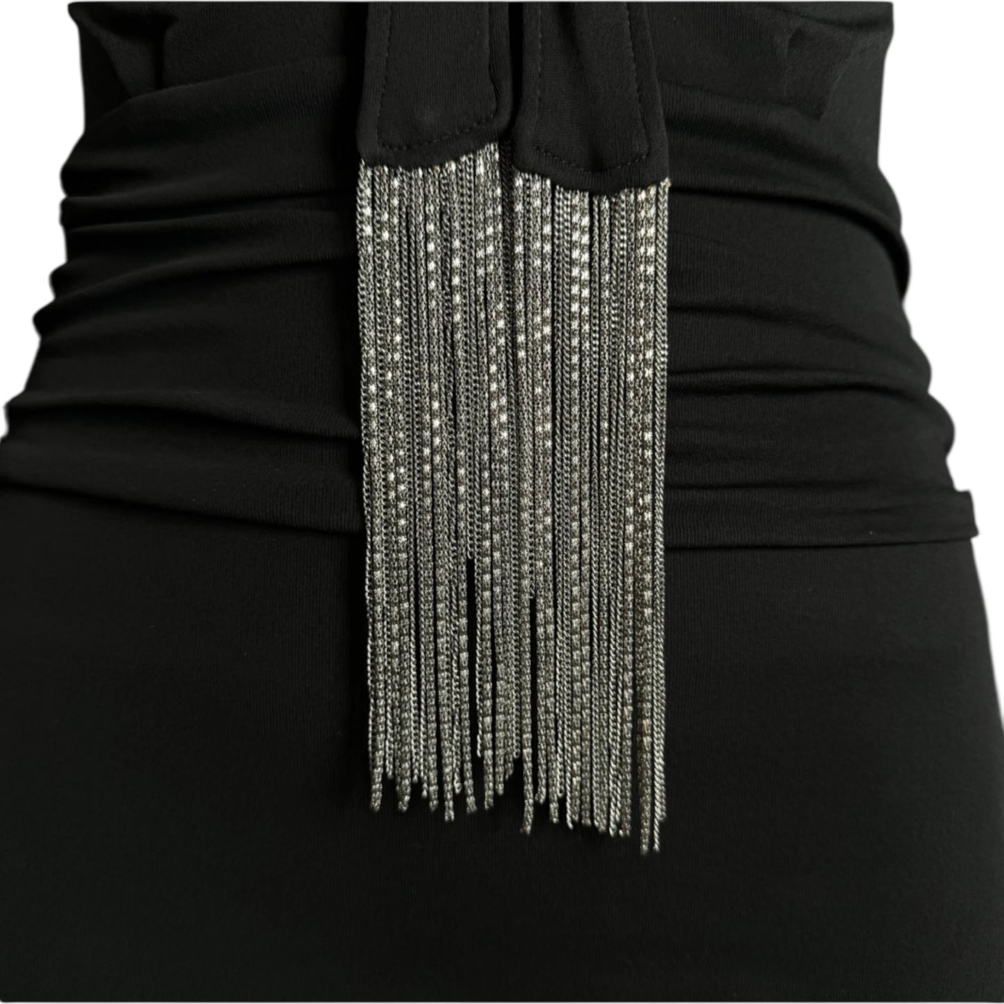 Vintage Gucci Fall 2006 Runway Black Chain Fringe Low Cut Long Sleeve Dress