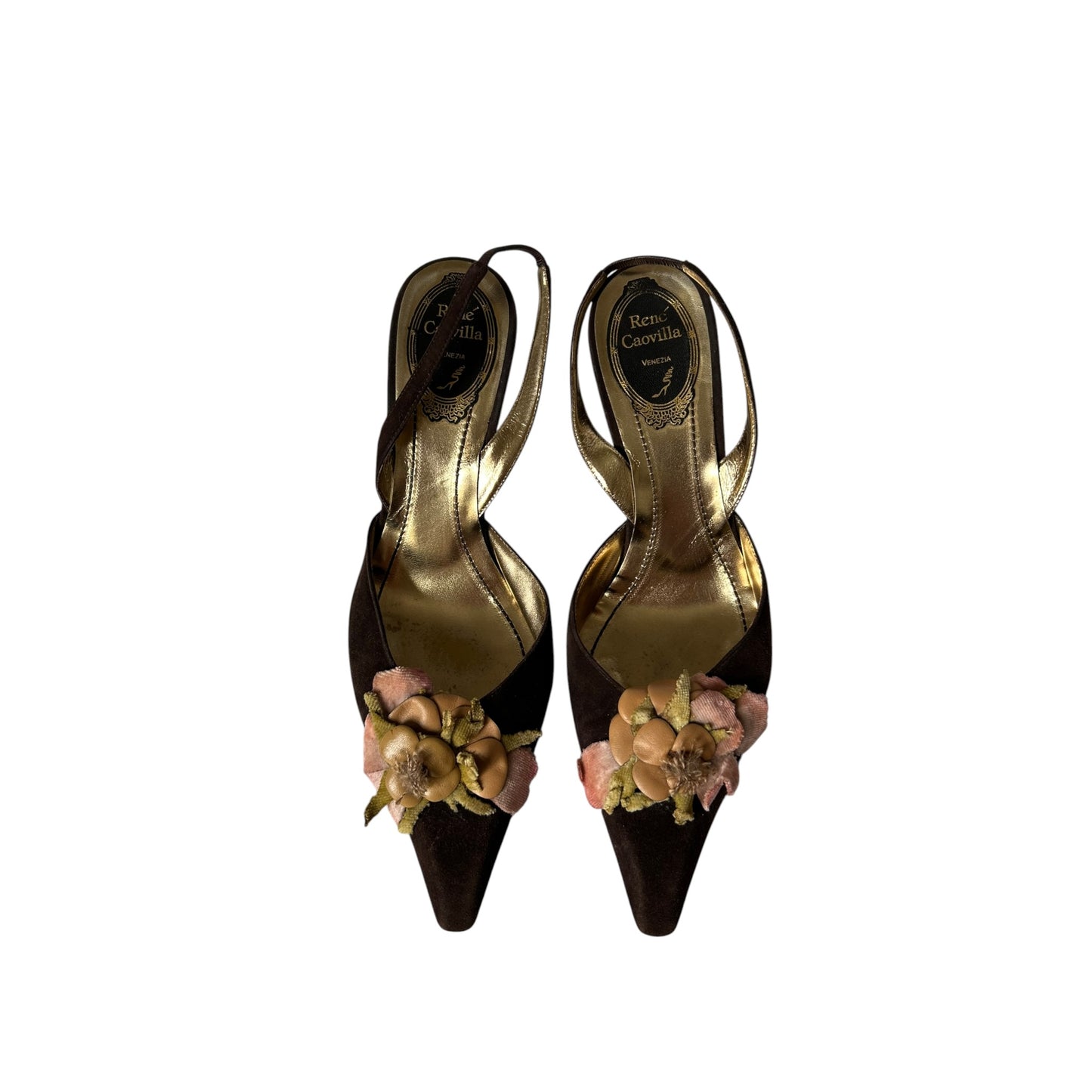 Vintage Rene Caovilla brown suede floral details slingback heels / 37.5