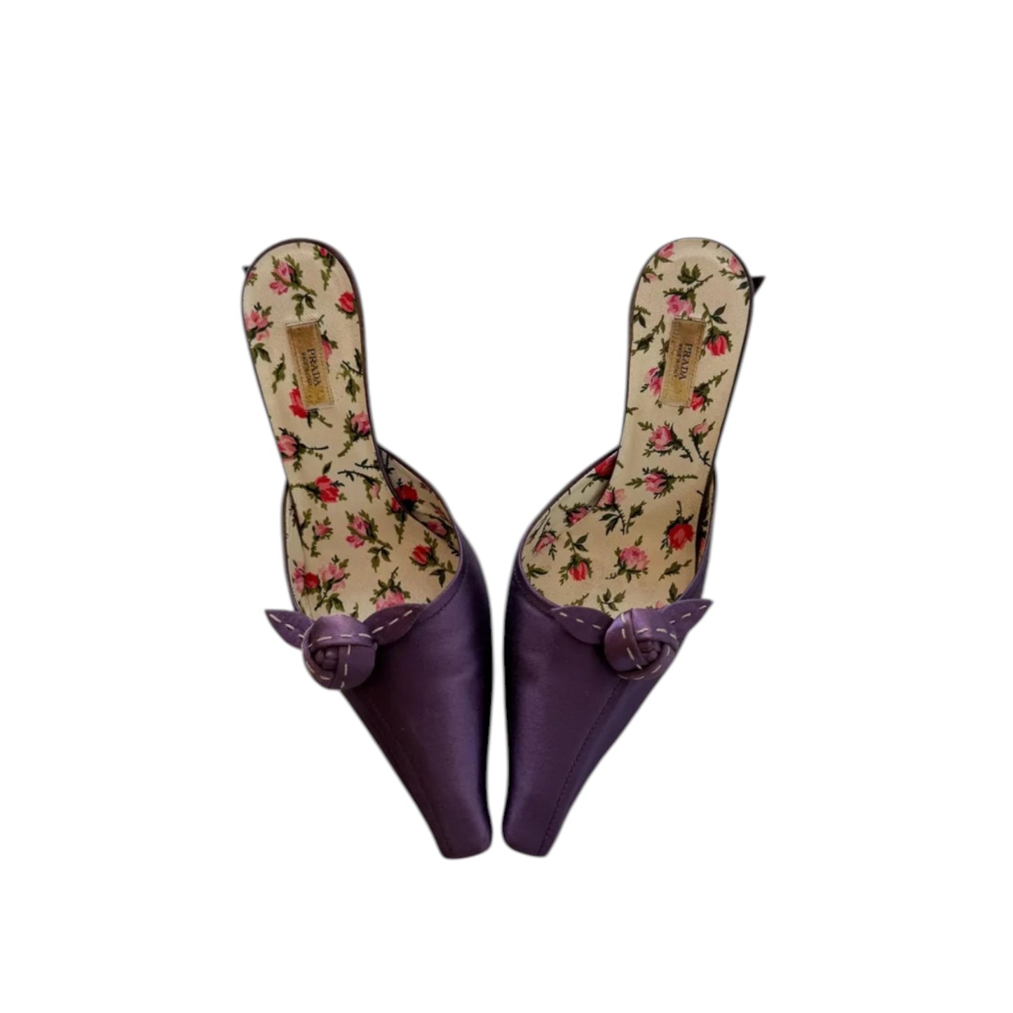 Vintage Prada 2000s Purple Satin Rose Print Mule Heels / 36