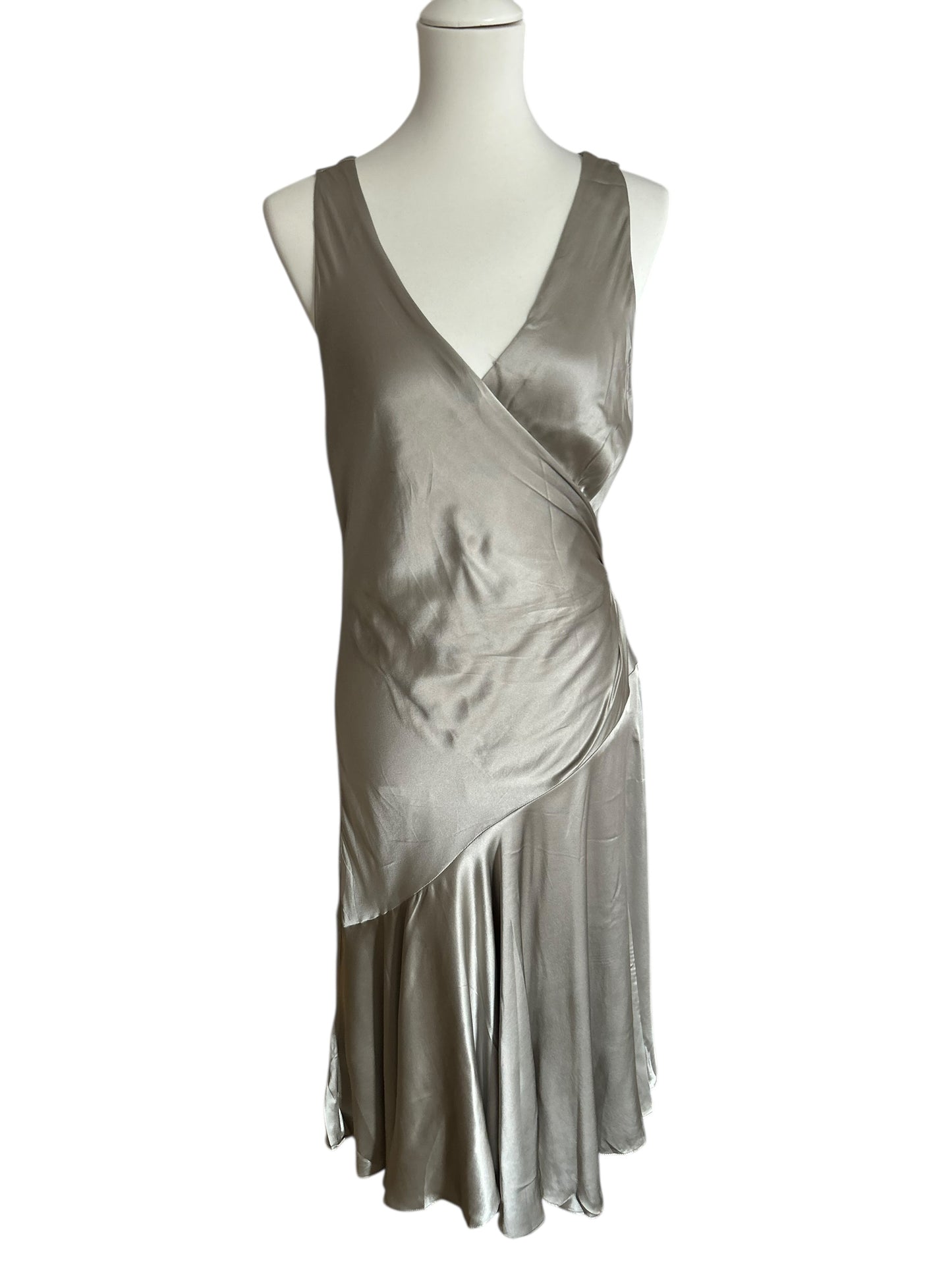 Vintage Ralph Lauren 2010 asymmetrical 100% silk midi metallic dress