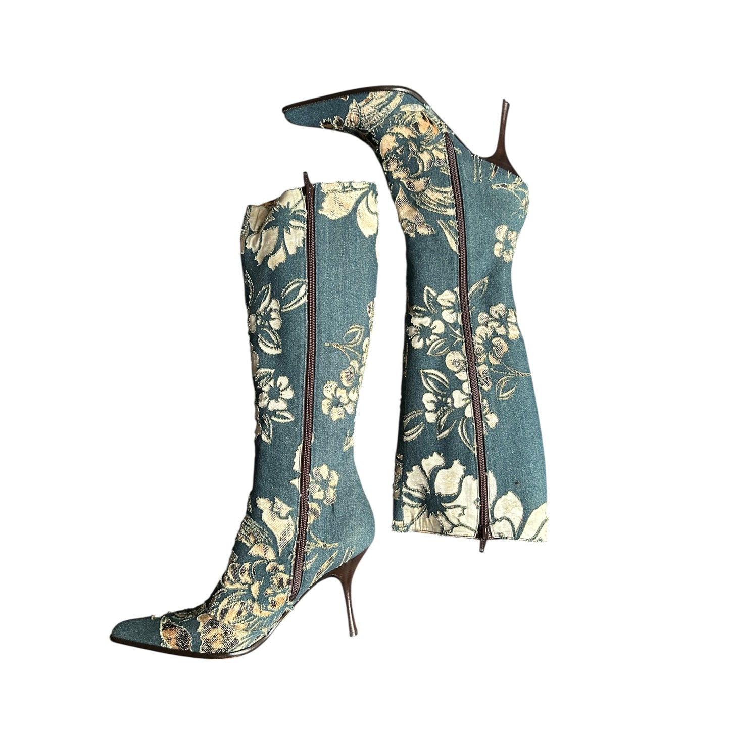 Vintage Roberto Cavalli S/ S 2002 Floral Laser-Cut Denim Leopard Boots 41