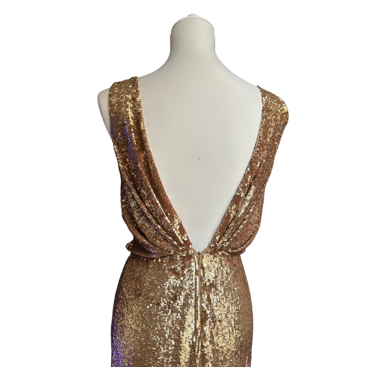 Vintage Blumarine SS2000 Gold Sequin Plunge Dress with Pink Floral Hem runway