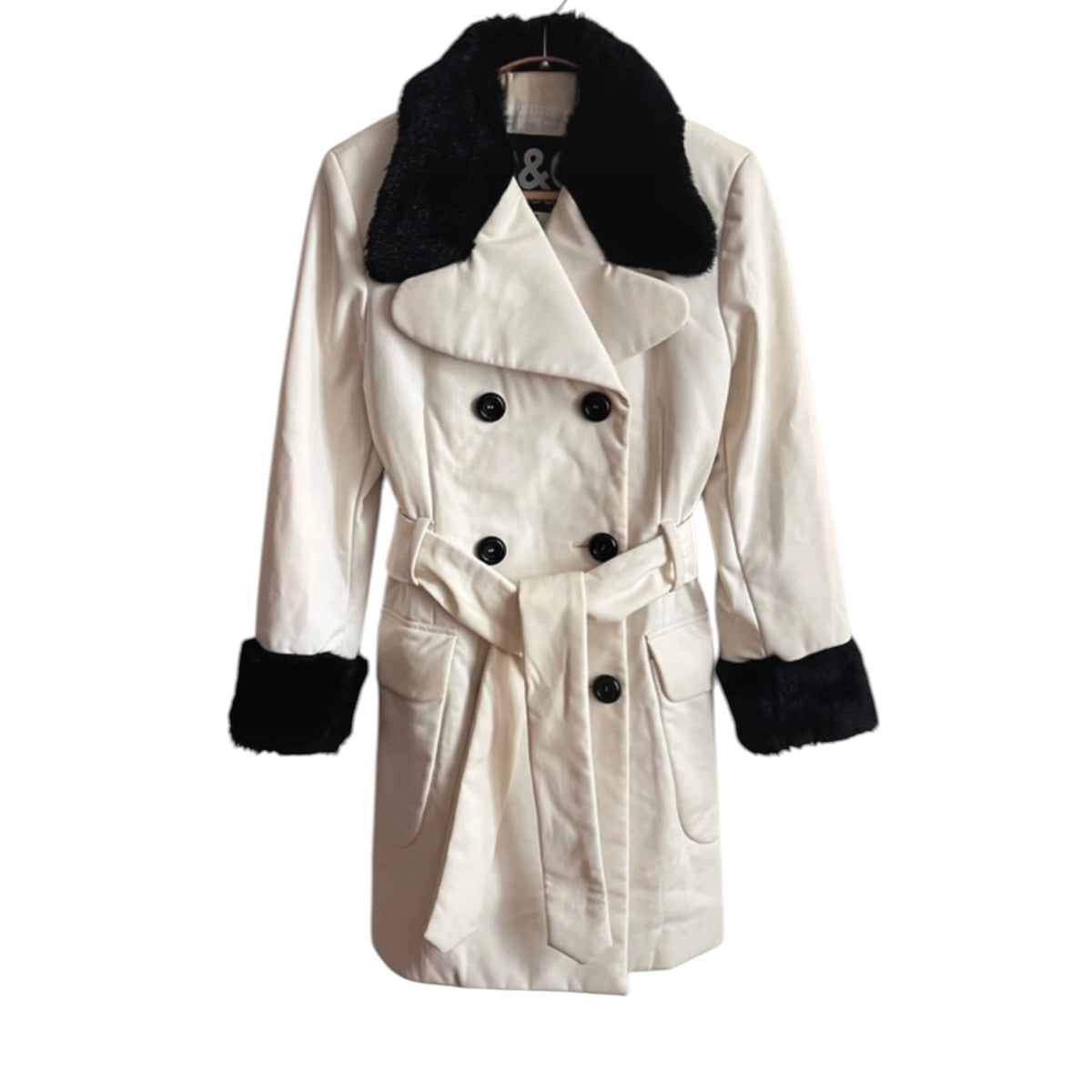 Vintage Dolce&Gabbana black and white fur collar double breasted coat