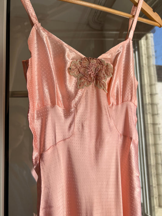 Vintage pink polka dot satin maxi slip dress with floral embroidery/ Xs