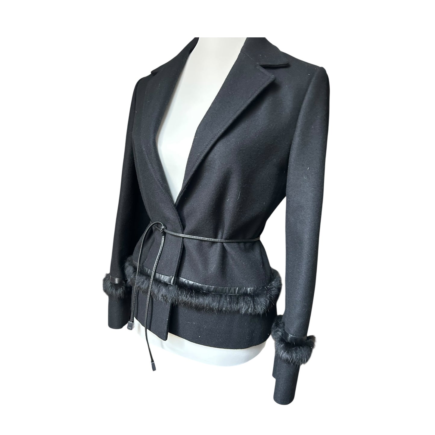 Vintage wool black fur trim belted jacket