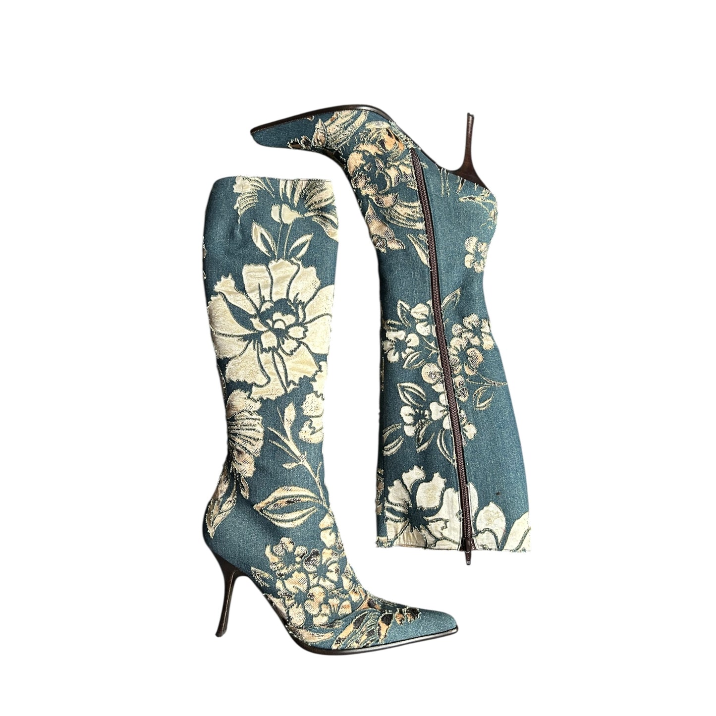 Vintage Roberto Cavalli S/ S 2002 Floral Laser-Cut Denim Leopard Boots 41