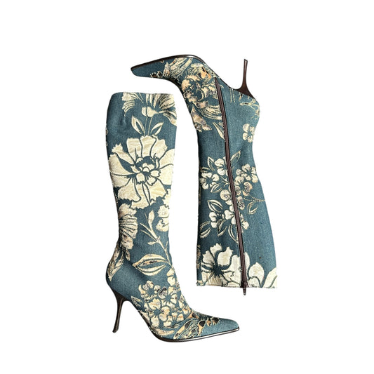 Vintage Roberto Cavalli S/ S 2002 Floral Laser-Cut Denim Leopard Boots 41