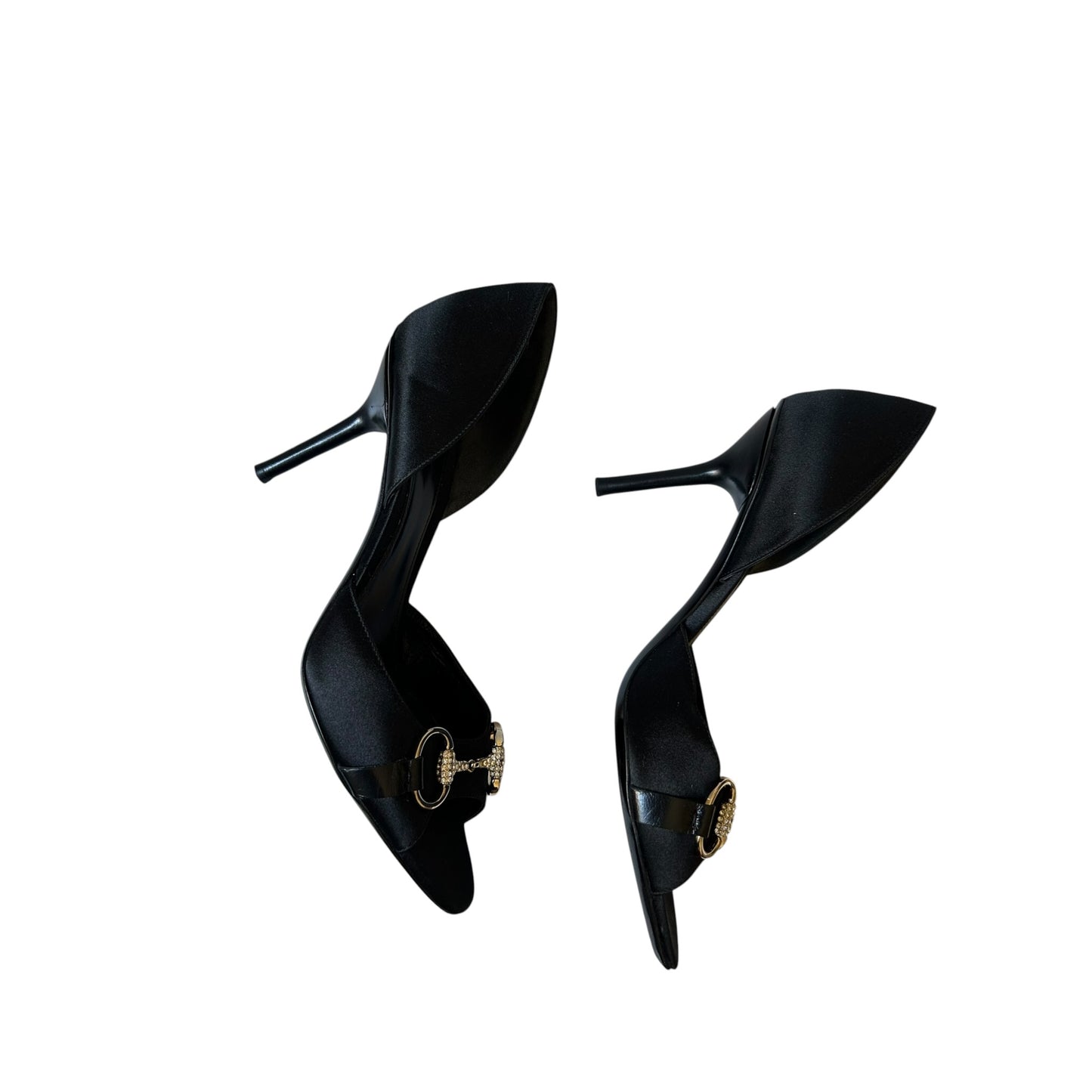 Vintage Gucci black satin silver crystal buckle D’Orsay heels /