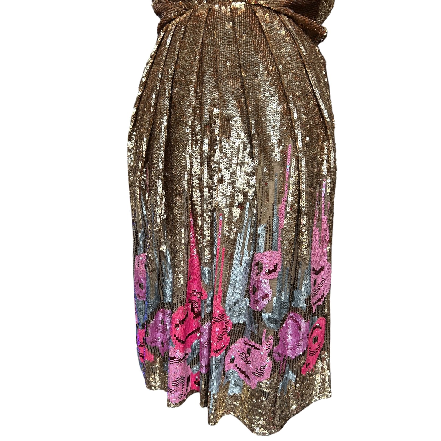 Vintage Blumarine SS2000 Gold Sequin Plunge Dress with Pink Floral Hem runway