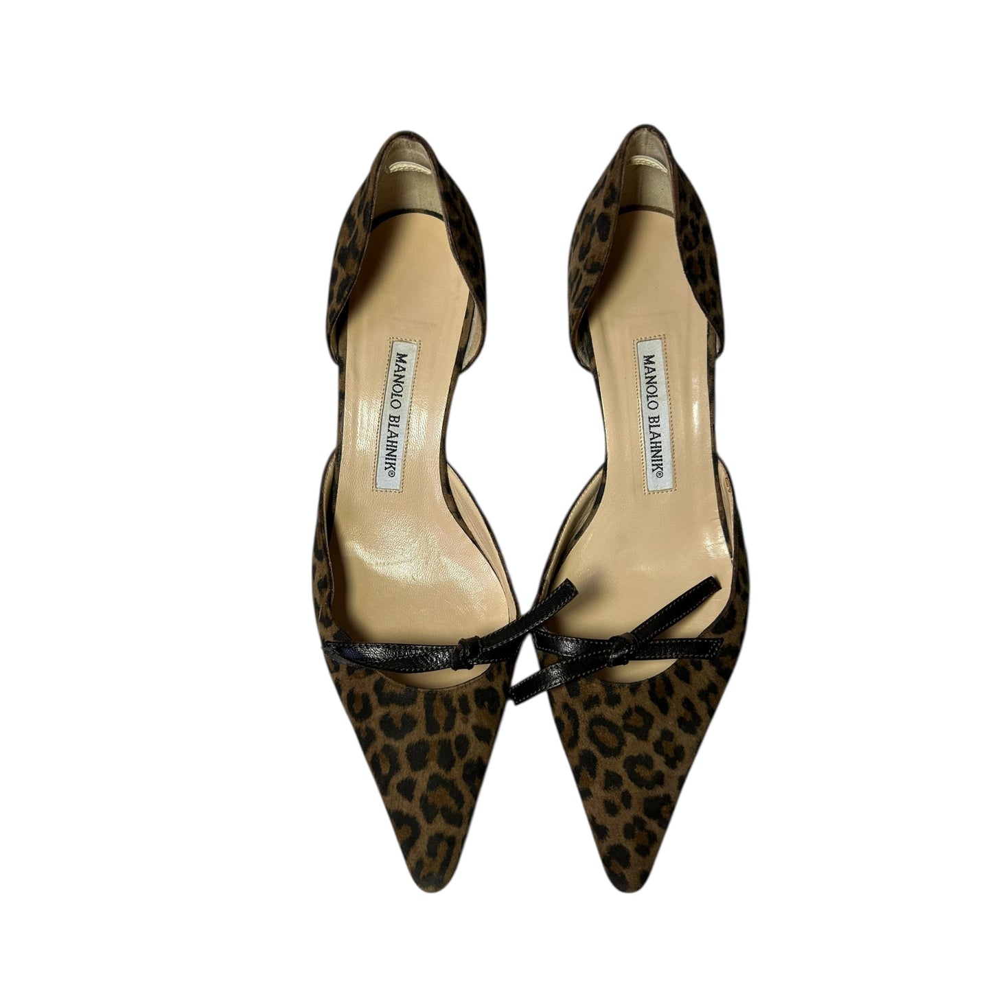 Vintage Manolo Blahnik bow tie leo print kitten heels / 38.5
