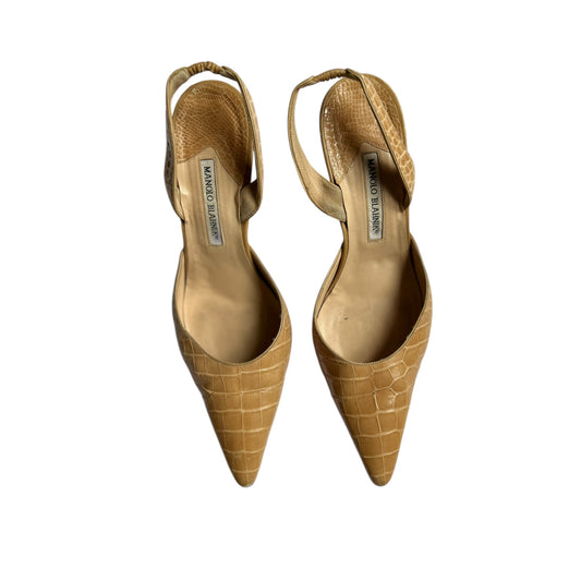Vintage Manolo Blahnik croc leather nude slingback heels / 41.5