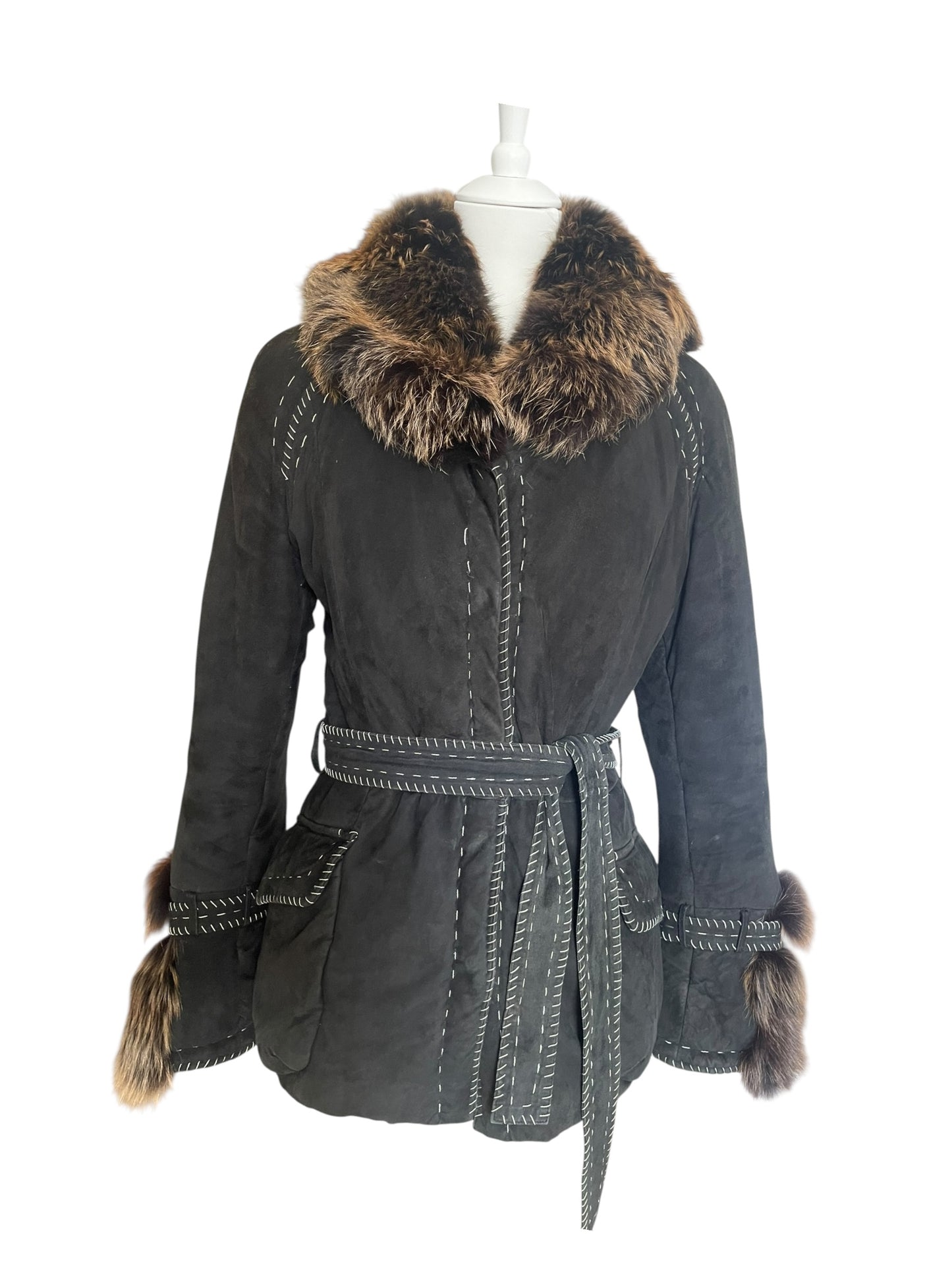 Vintage Roberto Cavalli 2006 Black Suede Washed look Jacket with Fox Fur Collar & Belt
