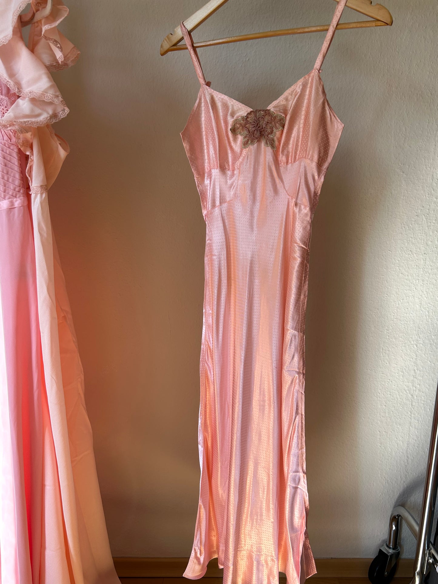 Vintage pink polka dot satin maxi slip dress with floral embroidery/ Xs
