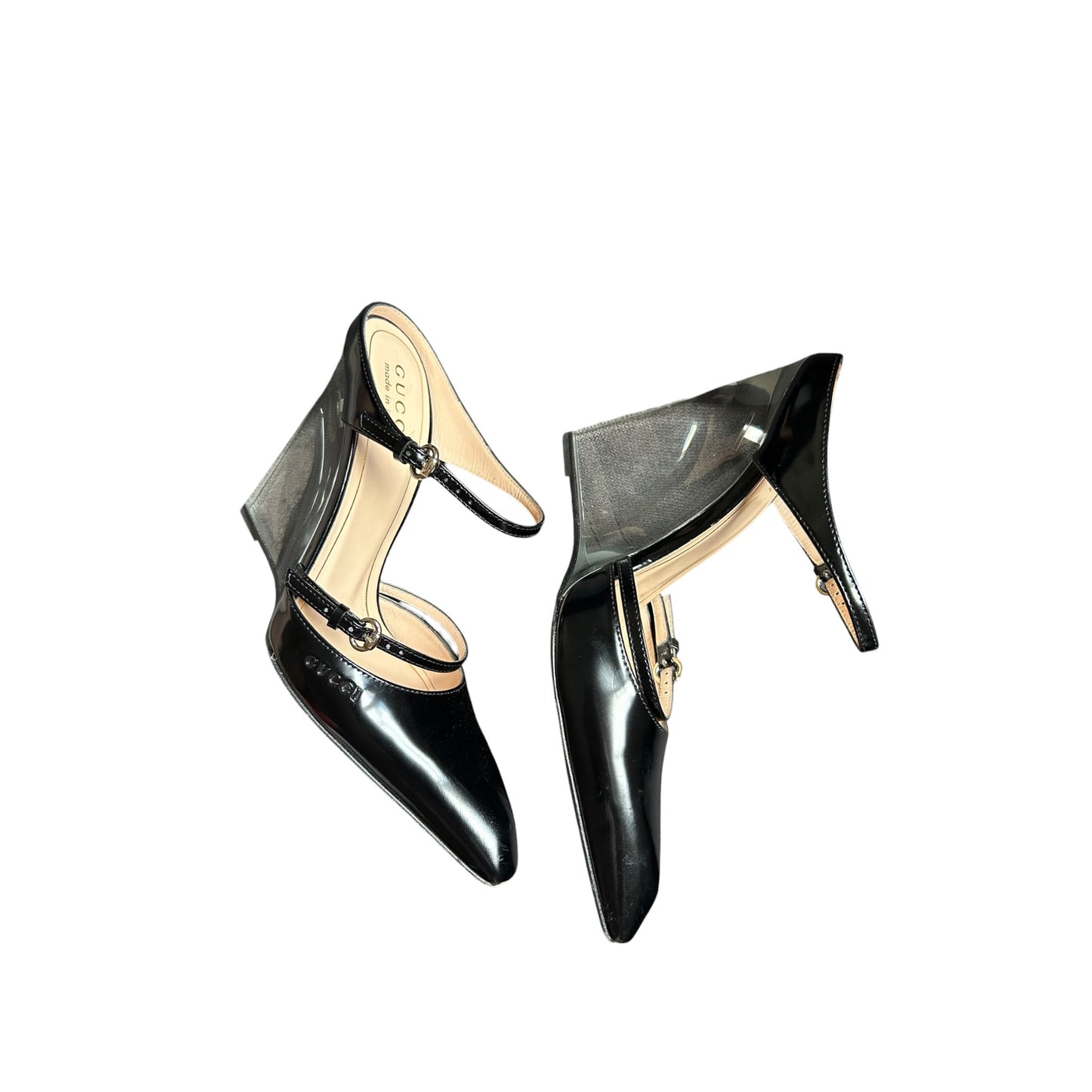 Vintage rare Gucci black leather plastic wedge / 36
