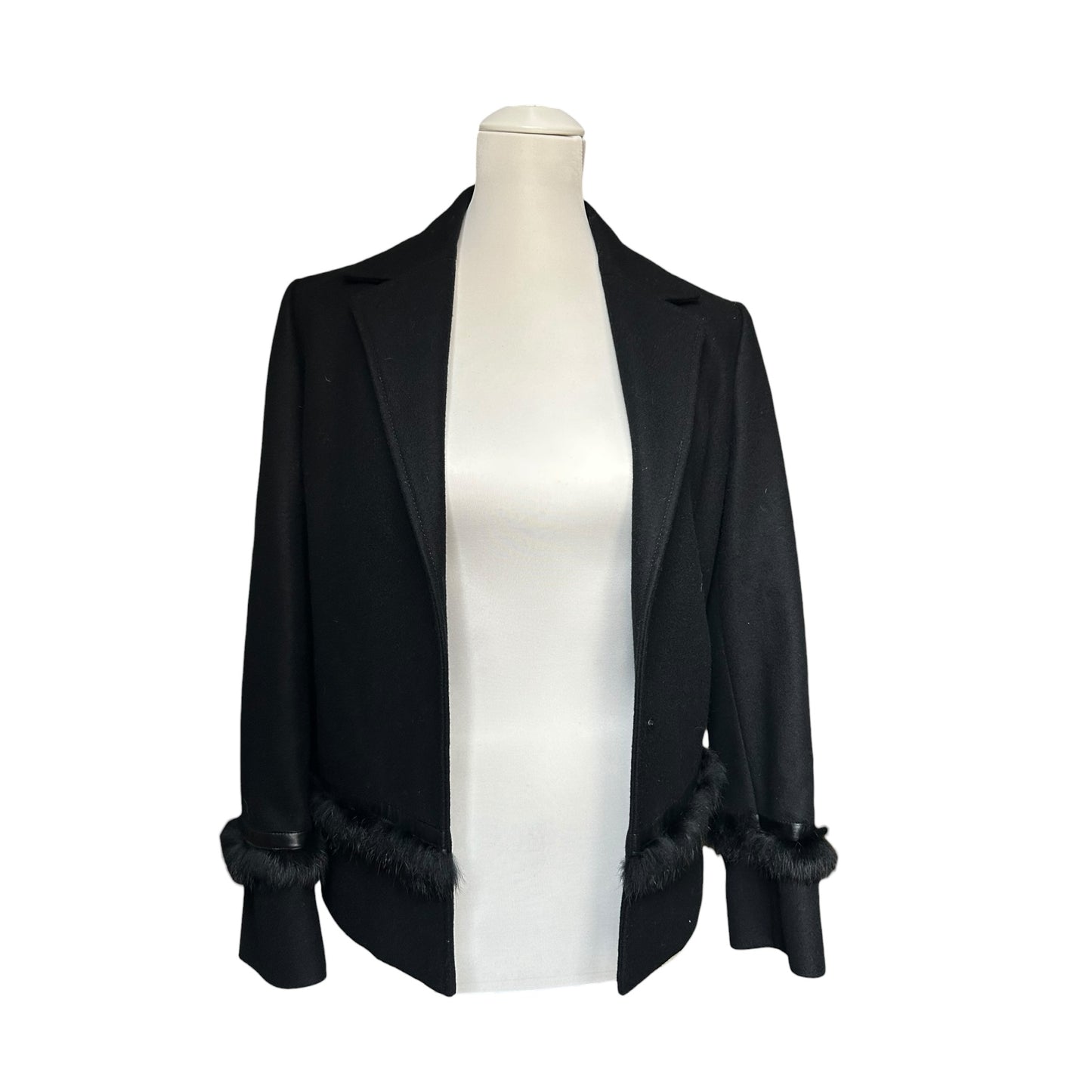 Vintage wool black fur trim belted jacket