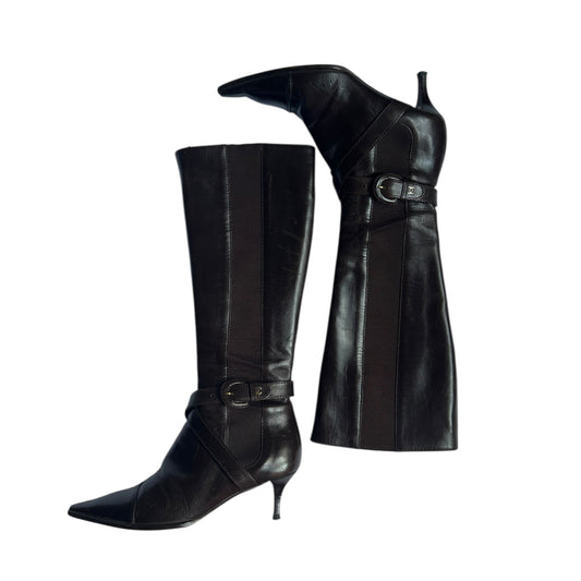 Vintage rare Chanel CC interlocking logo knee high brown leather pointy toe boots / 36.5