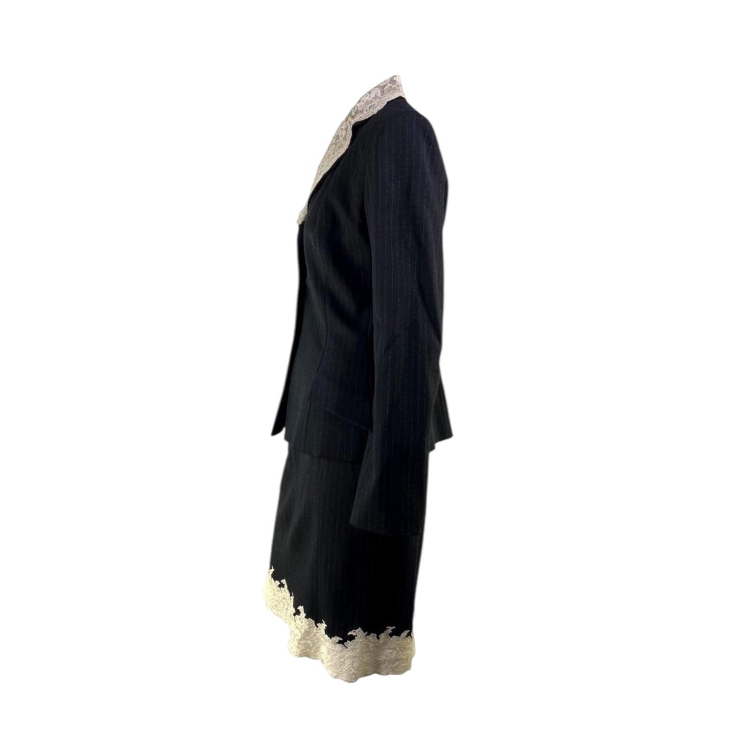 Vintage Christian Dior by John Galliano iconic 1998 Autumn/Winter Haute Couture pinstripe black skirt suit with lace