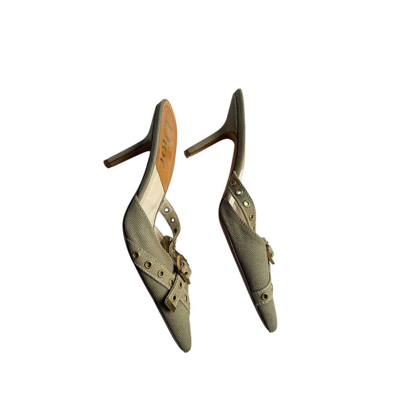 Vintage Dior by John Galliano khaki cloth mule heels / 38.5