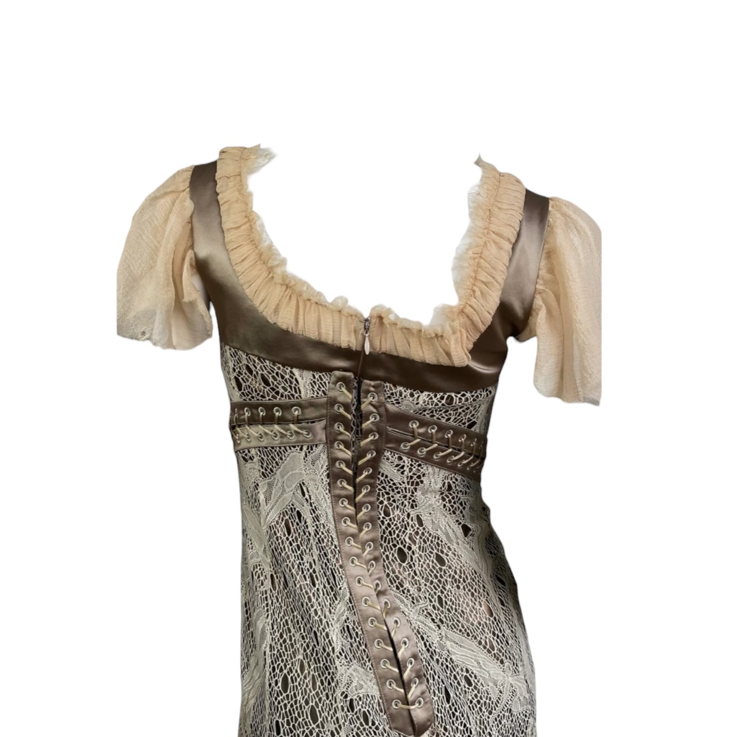 Vintage Alexander Mcqueen Fw2002 «Supercalifragilist Icexpialidocious» Beige Lace & Silk Bondage Corset Midi Dress