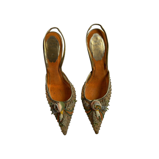 Vintage rare Rene Caovilla floral beaded slingback heels / 36