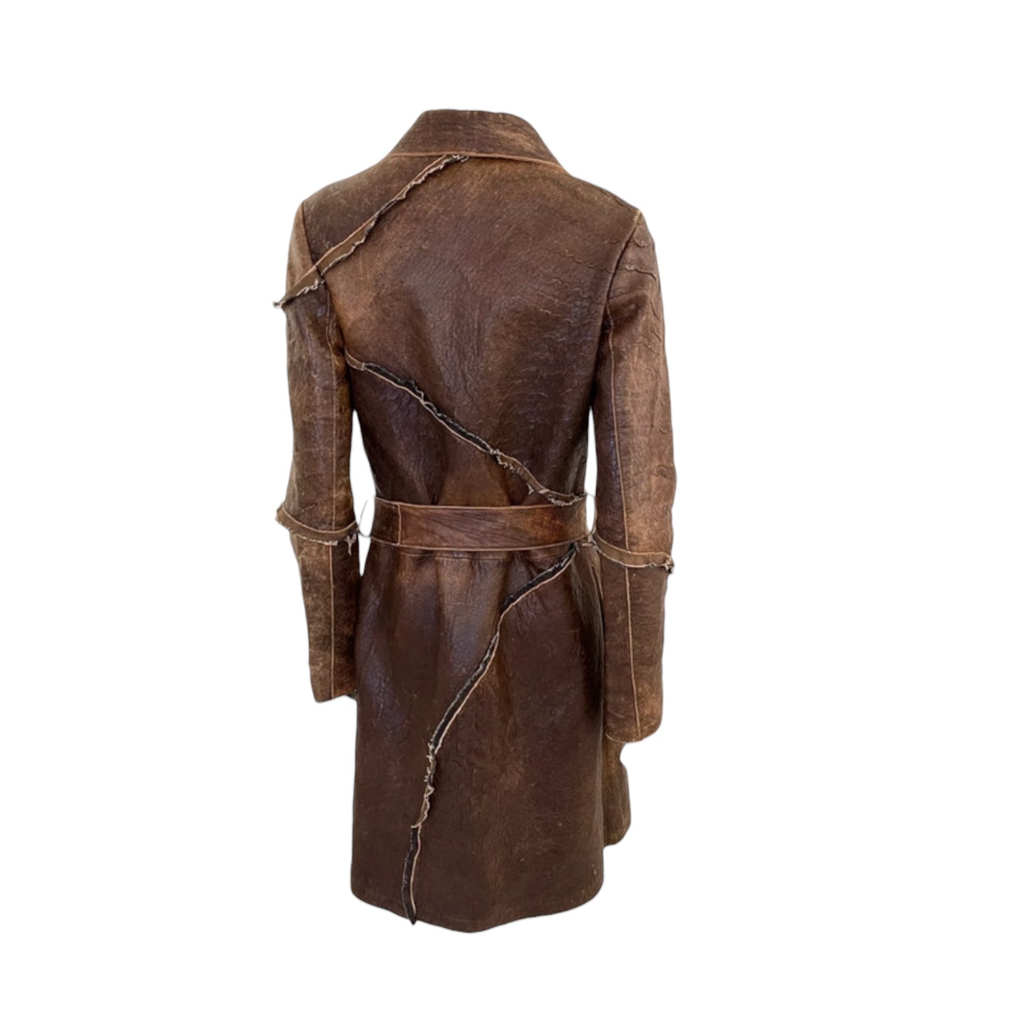 Vintage Cavalli AW05 brown leather asymmetrical distressed coat