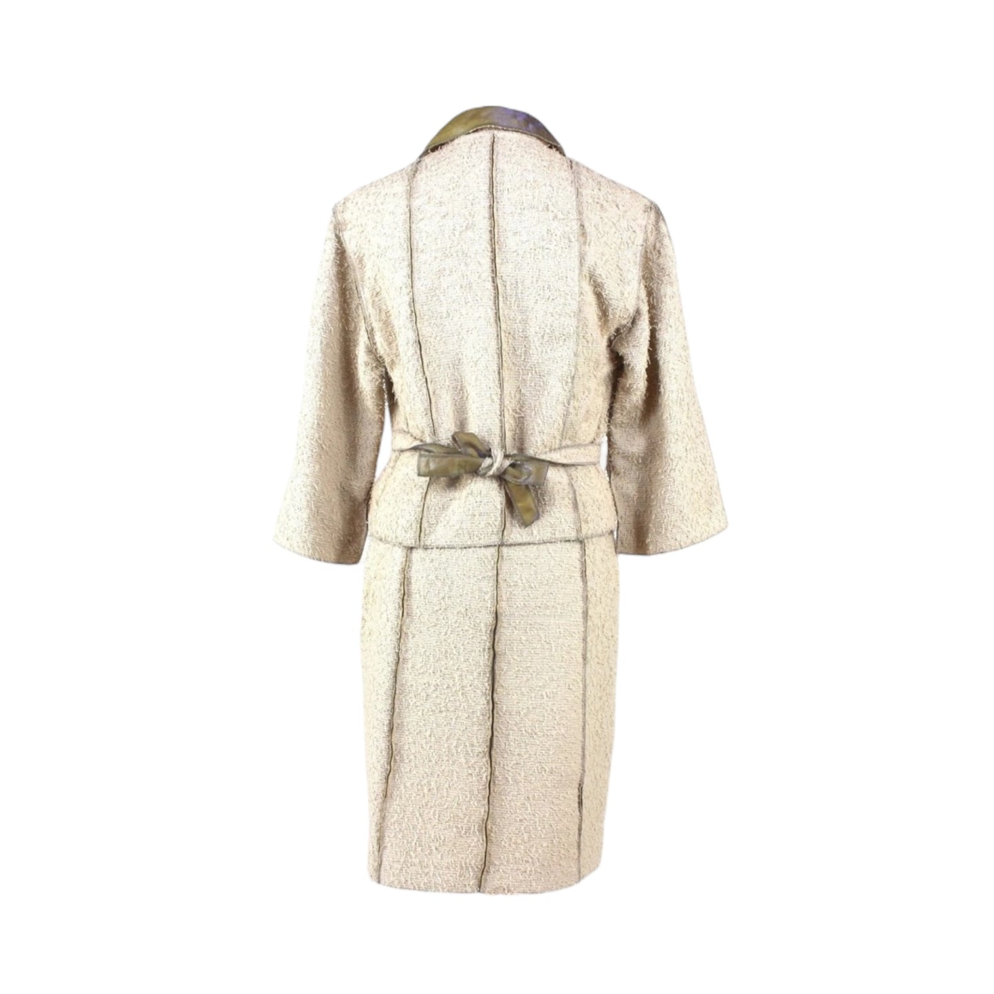 Vintage Chanel 1999 fringed beige gold skirt suit and blazer set with olive satin lining