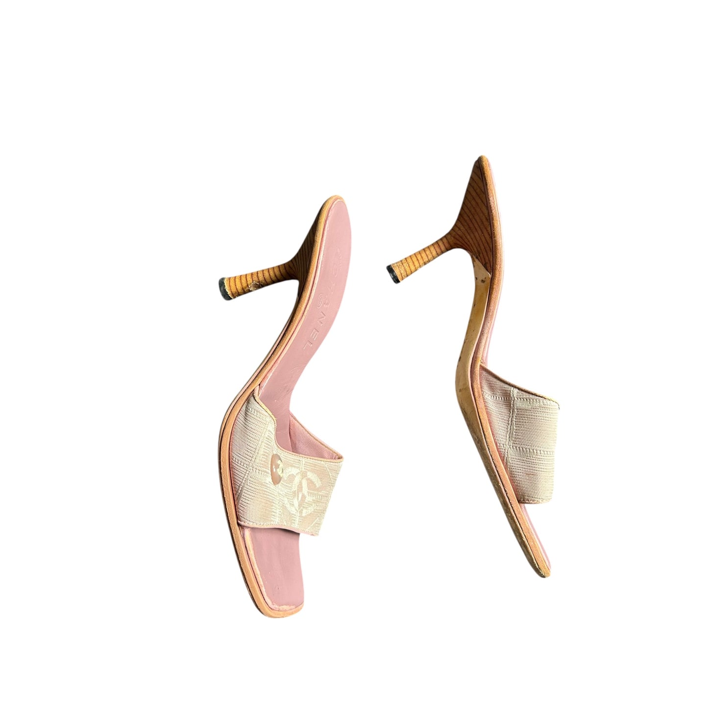 Vintage Chanel pink cloth travel line mule heels / 38