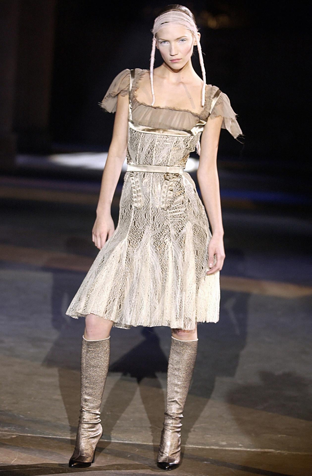 Vintage Alexander Mcqueen Fw2002 «Supercalifragilist Icexpialidocious» Beige Lace & Silk Bondage Corset Midi Dress