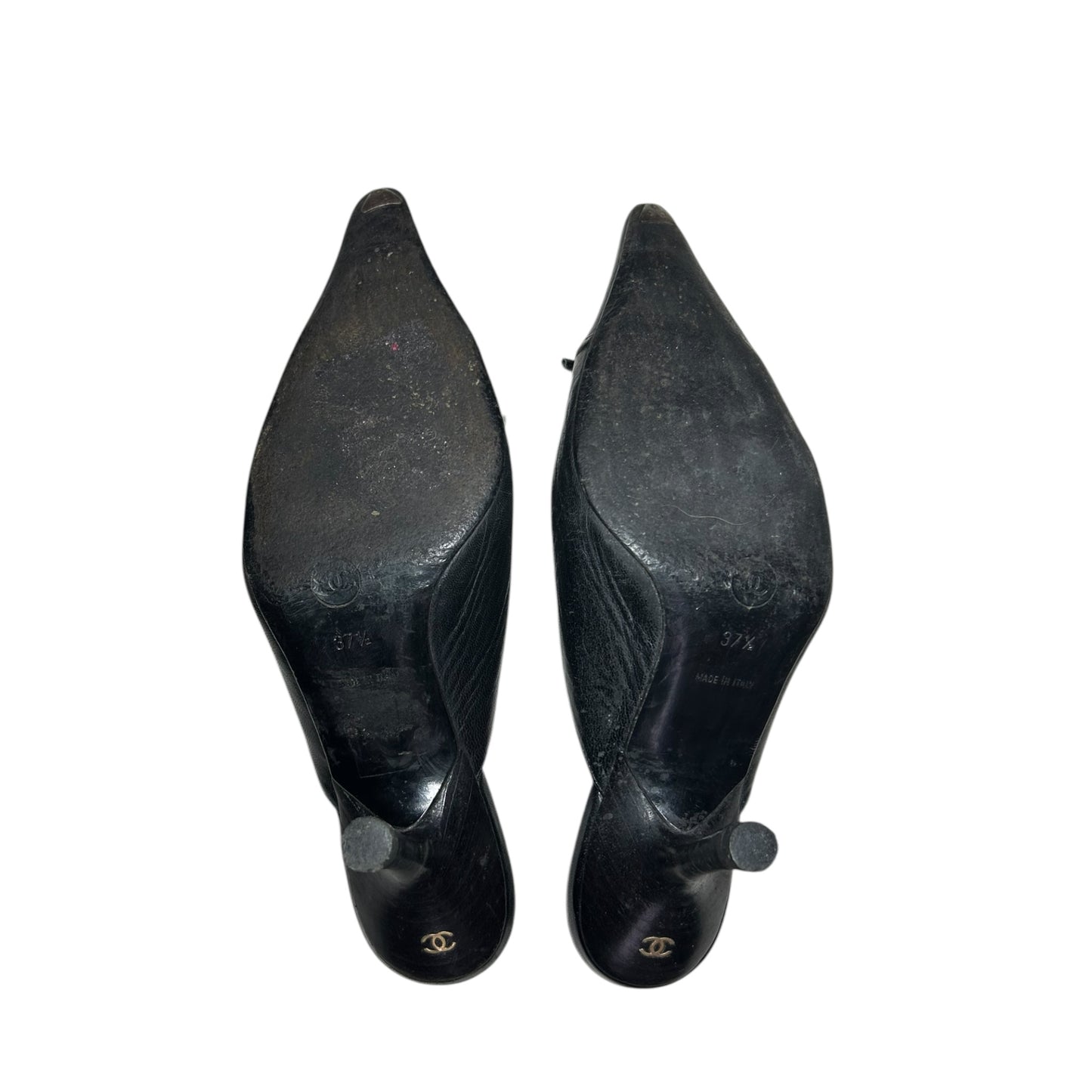 Vintage Chanel black leather CC interlocking gold logo mules / 37.5