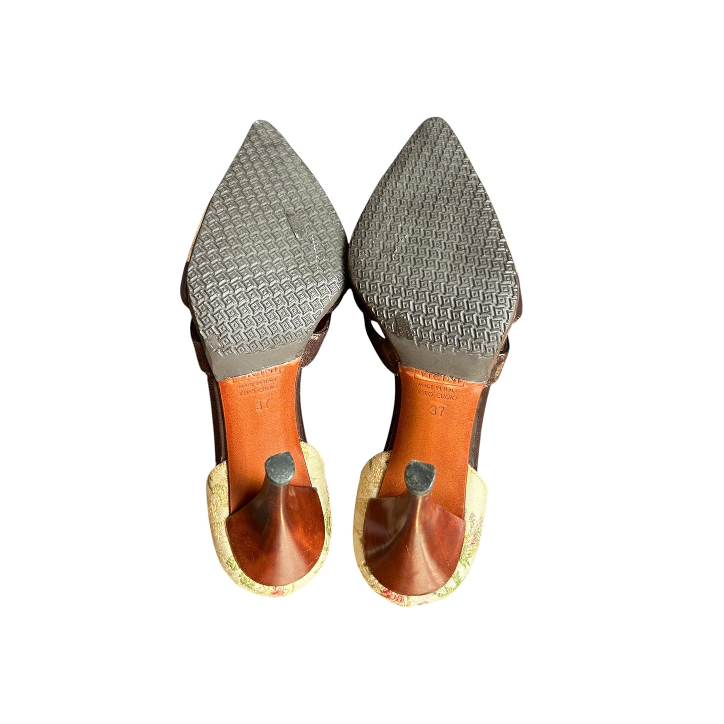 Vintage Giuseppe Zanotti floral canvas brown leather buckle heels / 37