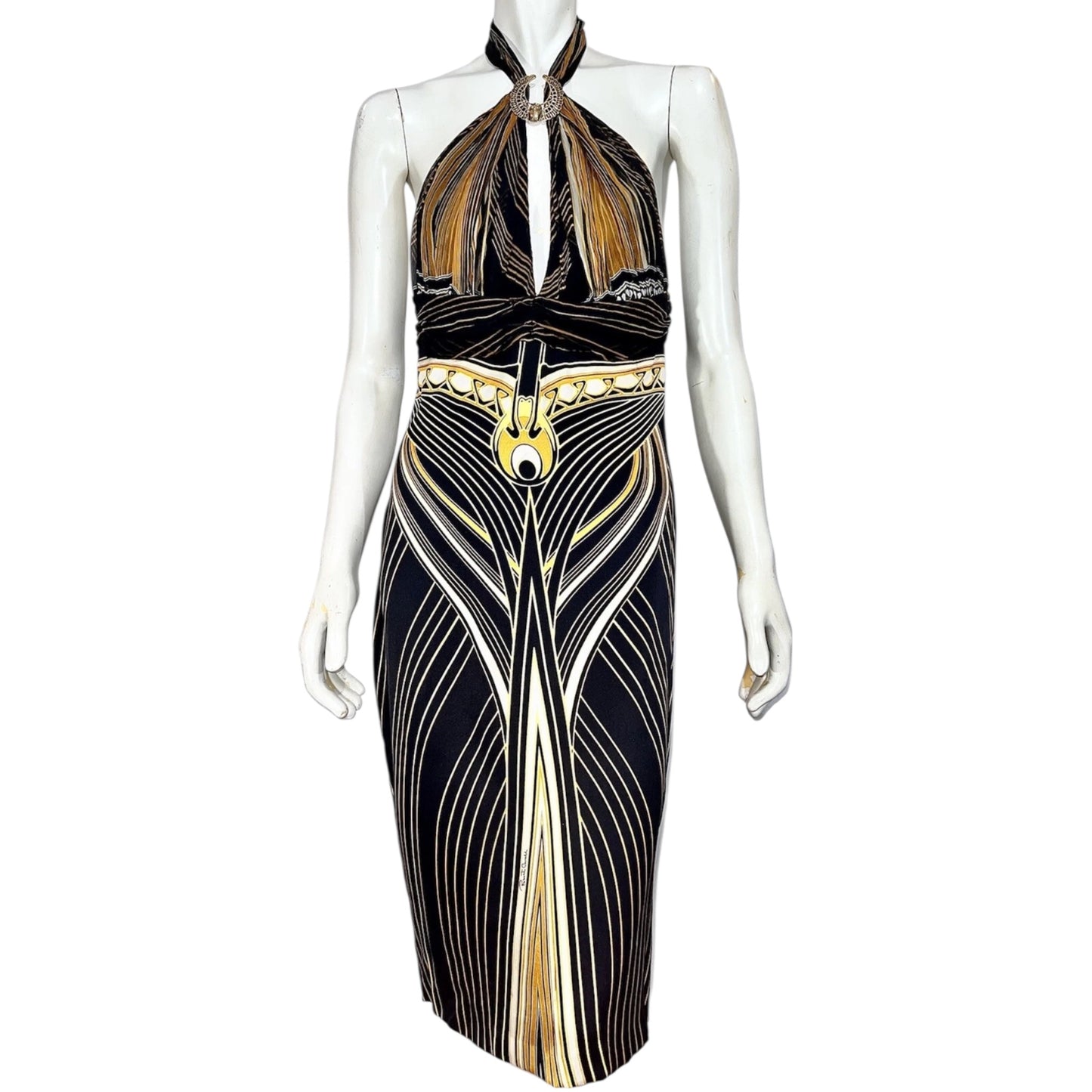 RENTAL ONLY Roberto Cavalli vintage SS2007 Egyptian midi black and gold halter silk dress