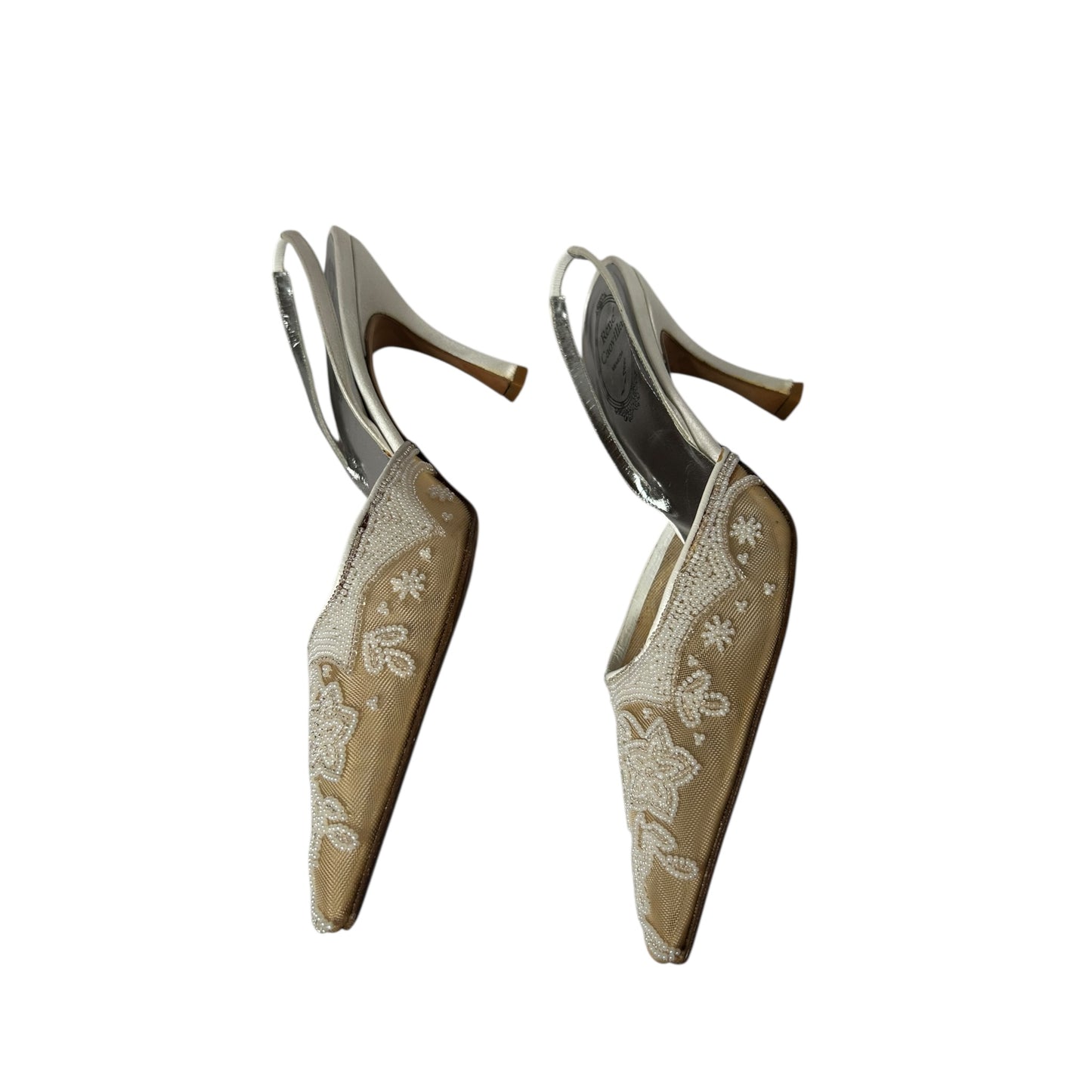 Vintage Rene Caovilla satin white & beige embedded slingback heels / 39