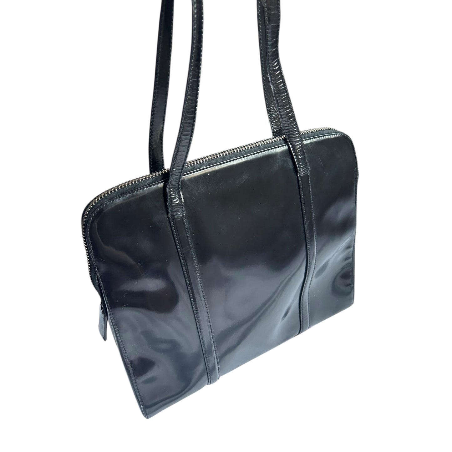 Vintage Prada Spazzolato tote black leather bag as seen on Carolyn Bessette Kennedy